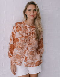 Barcelona Button Thru Top-Vintage Flower/Tan & Blush