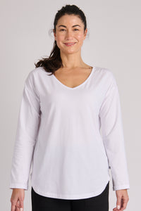 Cuff Sleeve Scoop Hem L/S Tee-White