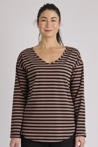 Cuff Sleeve Scoop Hem Tee-Brown Stripe