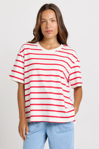Front view of the Betty Basics Relax Boxy Tee in red and white stripes, showing its crew neckline, dropped shoulders and short sleeves.