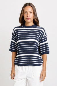 Betty Basics Dylan Knit Tee in Navy/White Stripe — front view of relaxed cotton knit tee with crew neckline and elbow-length sleeves in a classic navy and white stripe.


