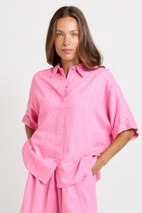Betty Basics Ophelia Oversized Shirt in Pink/Teal Stripe — front view of oversized viscose-linen shirt with classic collar and elbow-length sleeves in pink stripe, styled as a co-ord with matching shorts.