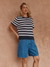 Sass Jules Stripe Tee in navy and white, showing its crew neckline, short sleeves and wide navy ribbed hem.