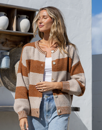 Maci Stripe Blanket Stitch Cardi-Tan/Warm Beige