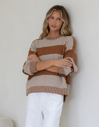 Maci Stripe Blanket Stitch Knit-Tan/Warm Beige