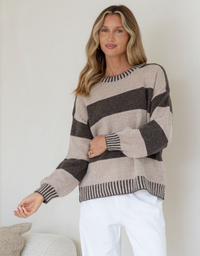 Maci Stripe Blanket Stitch Knit-Choc/Warm Beige