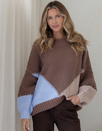 Penelope Colour Block Knit-Choc/Mocha/Powder Blue