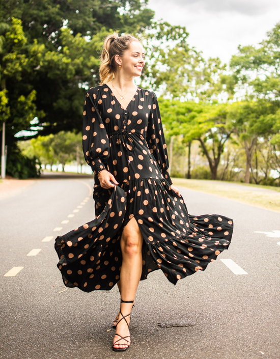 Selma Long Sleeve Maxi Dress-Black/Dot Print