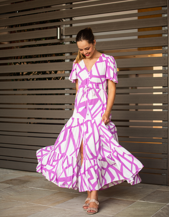 Selma Maxi Dress - Lilac Geometric Print