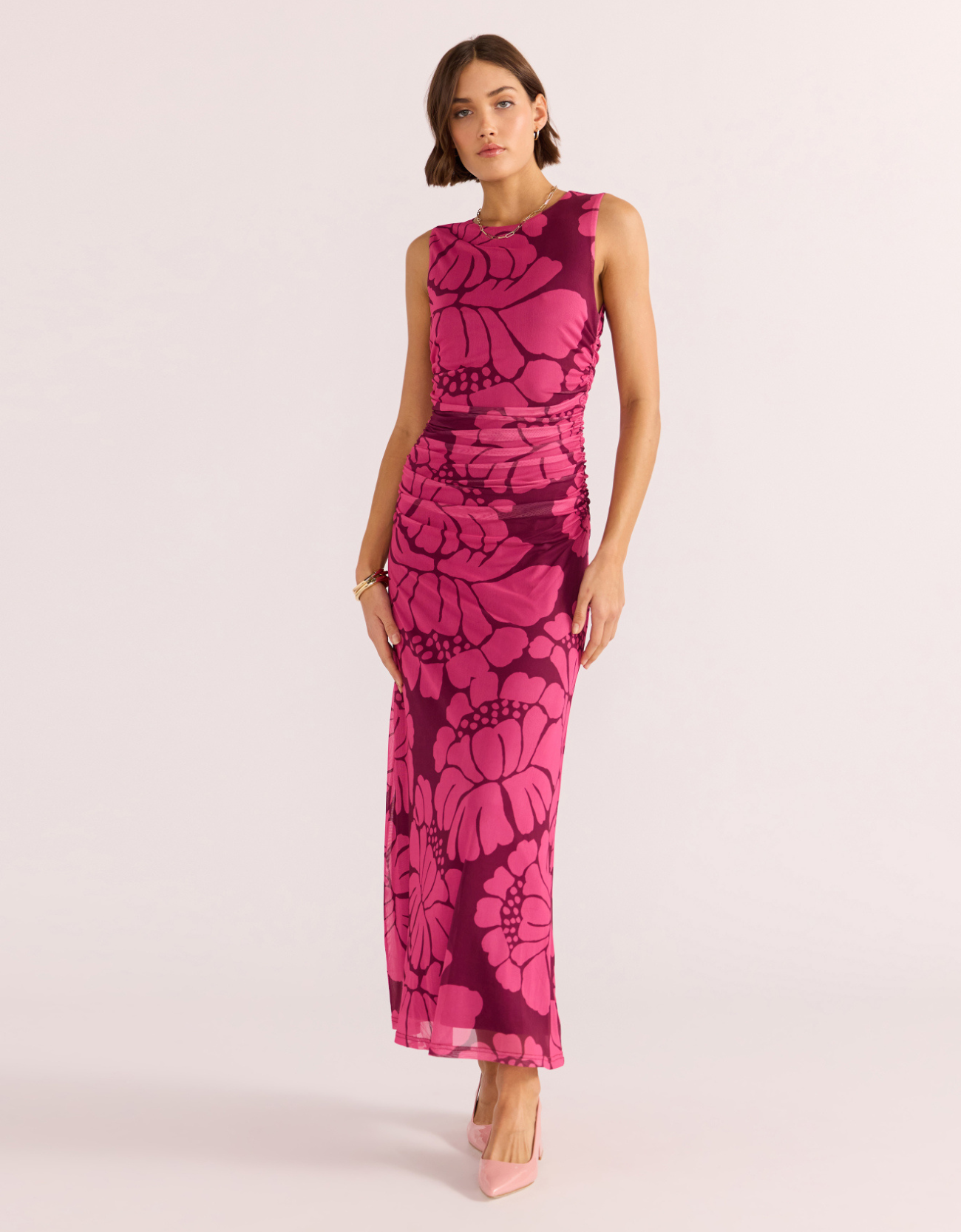 Persephone Mesh Midi Dress-Berry Floral