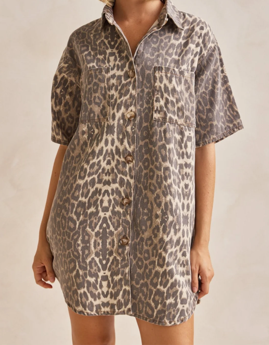 Light Leopard Denim Racer Dress