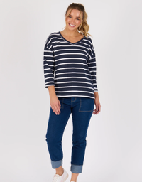 V-Neck 3/4 Sleeve Top-Navy/White Stripe