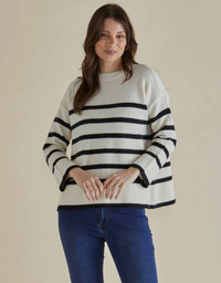 Edith Knit Jumper - cream with black stripe. Front view.