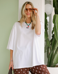 Liv Oversized Tee-White/Choc Embroidery