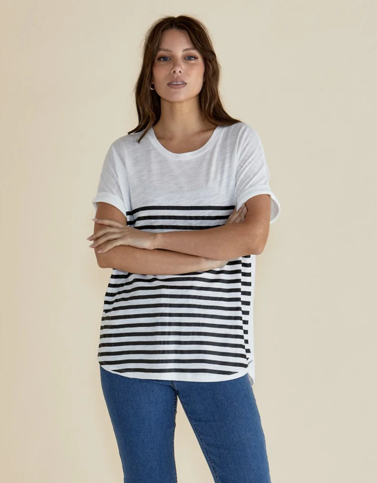 Hailey Short Sleeve Tee-White/Black Stripe