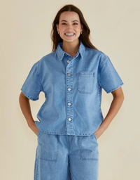 Saffra Short Sleeve Denim Shirt-Medium Wash