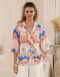 Tuscan Palms Blouse-Blue/Pink