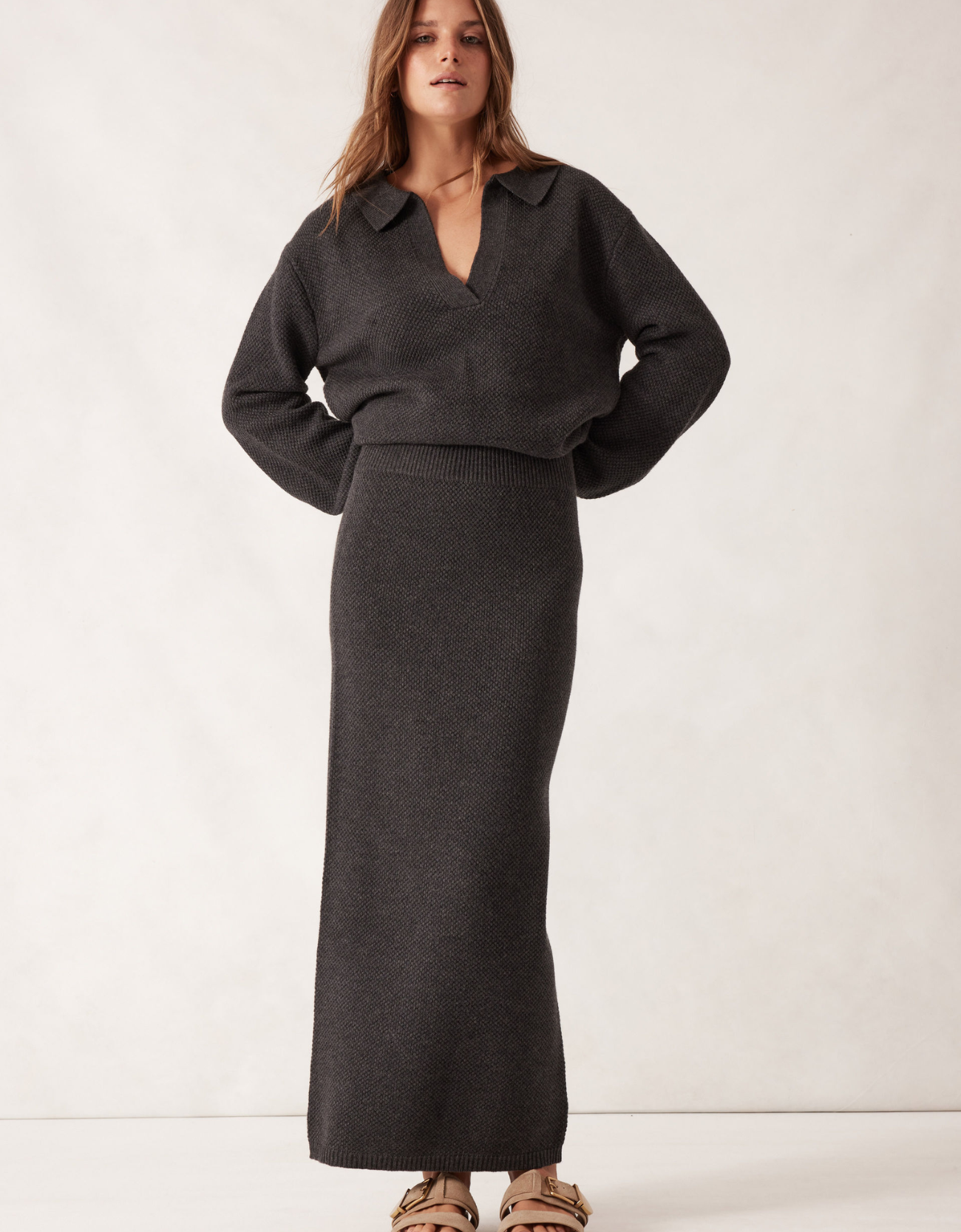 Soft Knit Maxi Skirt-Charcoal Marle