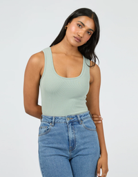 Washed Rib Scoop Neck Tank-Sage