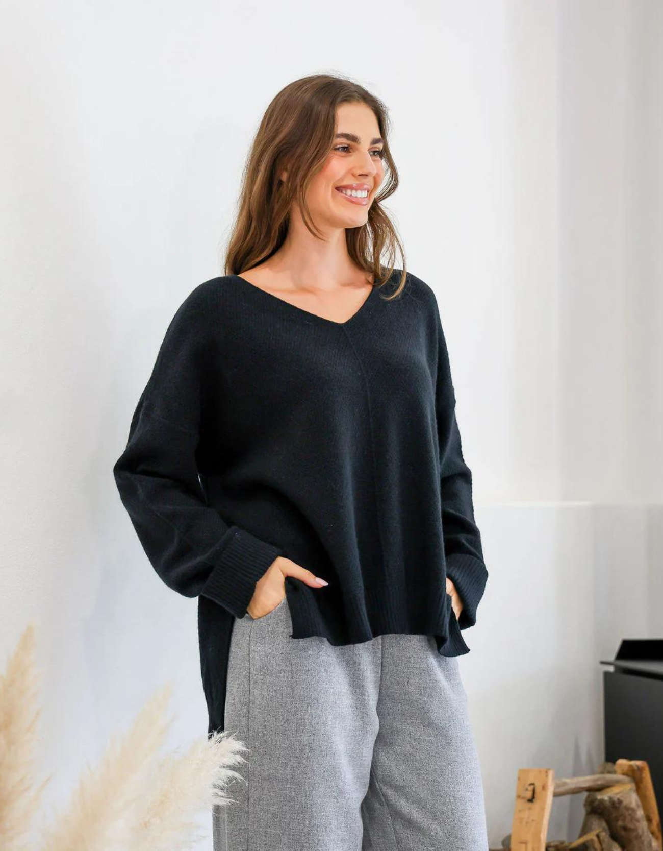 V-Neck Textured Sweater-Black