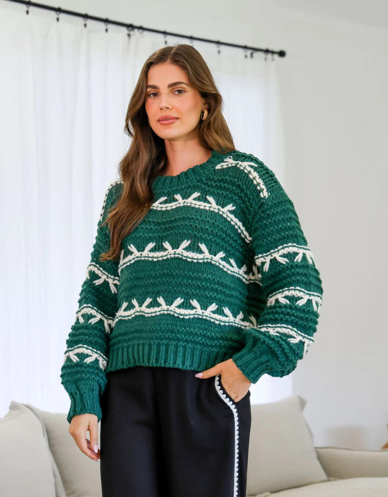 Contrast Stitch Cable Knit-Green
