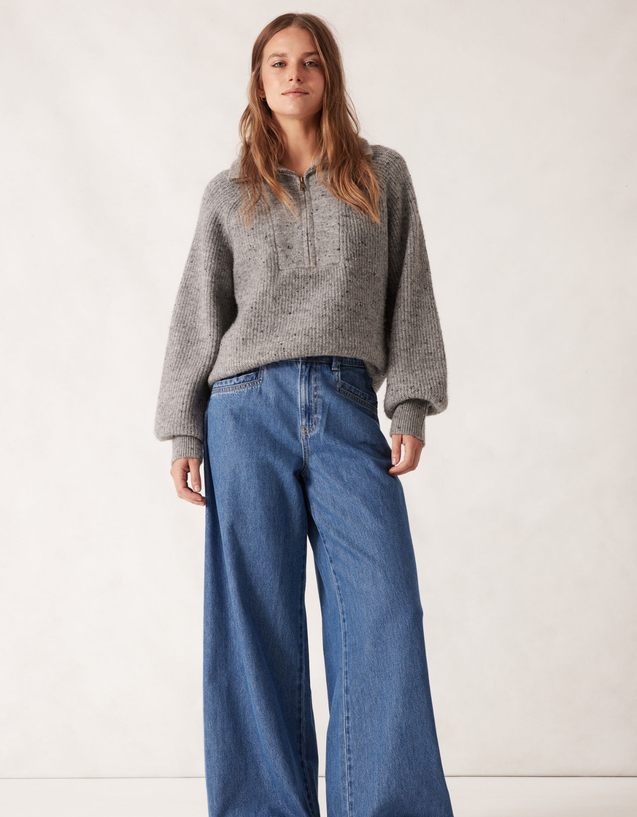 Slouchy Zip Knit-Mid Grey Nep