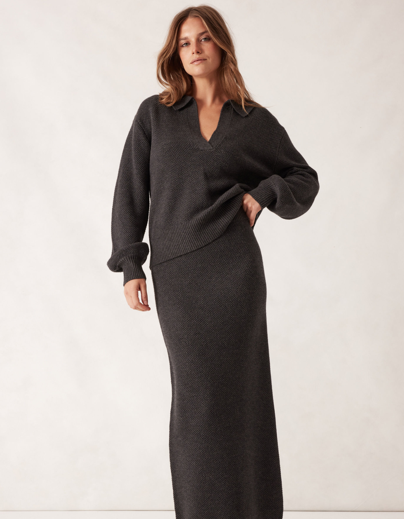 Collared Soft Knit-Charcoal Marle