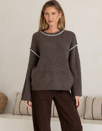 Ranch Blanket Stitch Knit-Chocolate