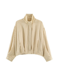 Smaibulun Sloane Gingham Bomber Jacket in Latte, oversized gingham jacket with stand collar, balloon sleeves and front zip closure.
