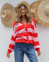 Brady Bunch Stripe Cardi-Red/Pink