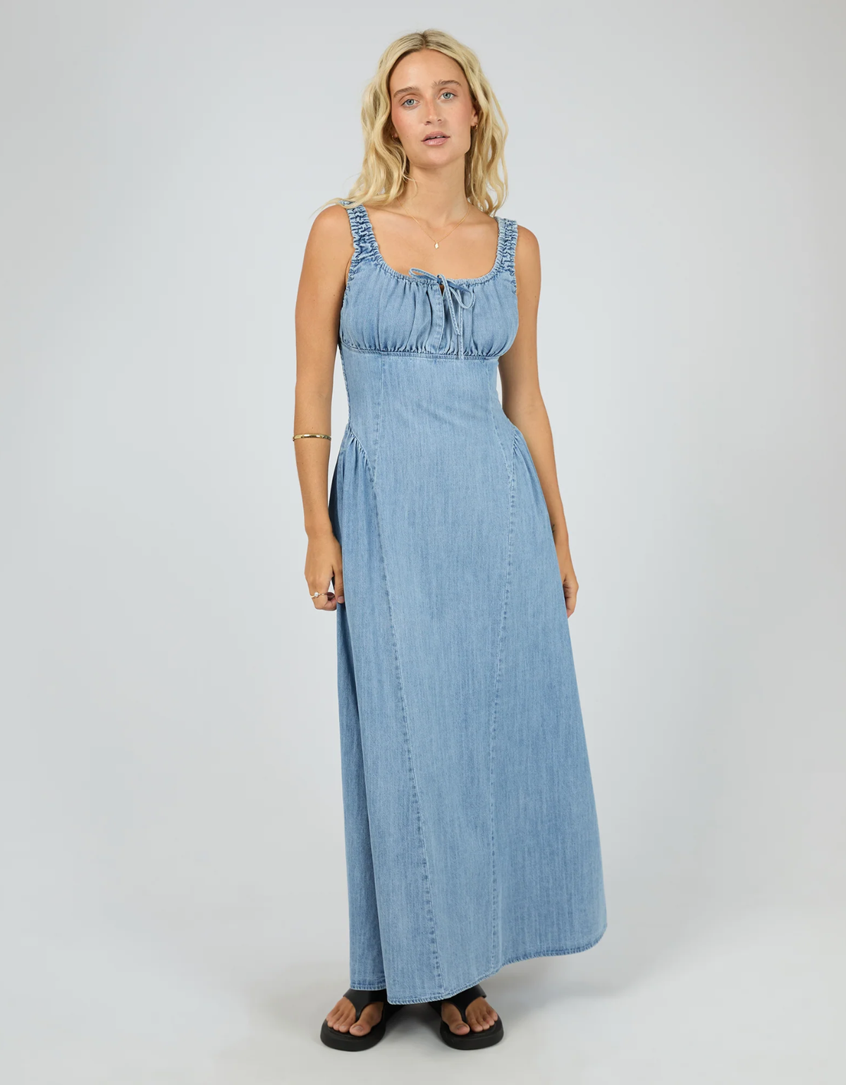 All About Eve Poppy Denim Dress Light Blue - Front View Full Length with Sandals

