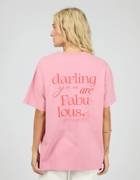 All About Eve You Are Fabulous Relaxed Tee in Orchid, back view showing contrasting “darling you are fabulous” lettering.