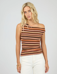 All About Eve Soleil Off The Shoulder Top Stripe, front view showing sunset stripes and asymmetric neckline.

