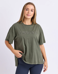 Foxwood Simplified Tee in khaki with tonal chest embroidery, a round neckline, dropped shoulders and a curved hem.