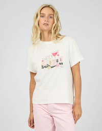 All About Eve Martinis Regular Tee in Vintage White, front view showing pink cocktail and cosmetics graphic.