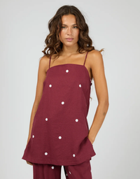 Silent Theory Bordeaux Tunic Top in Cherry — front view, longline silhouette with white spot print and thin adjustable straps
