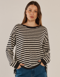 Natasha Knit Top-Black/Off White Stripe