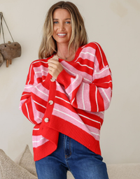 Bedford Stripe Cardi-Red/Pink/White