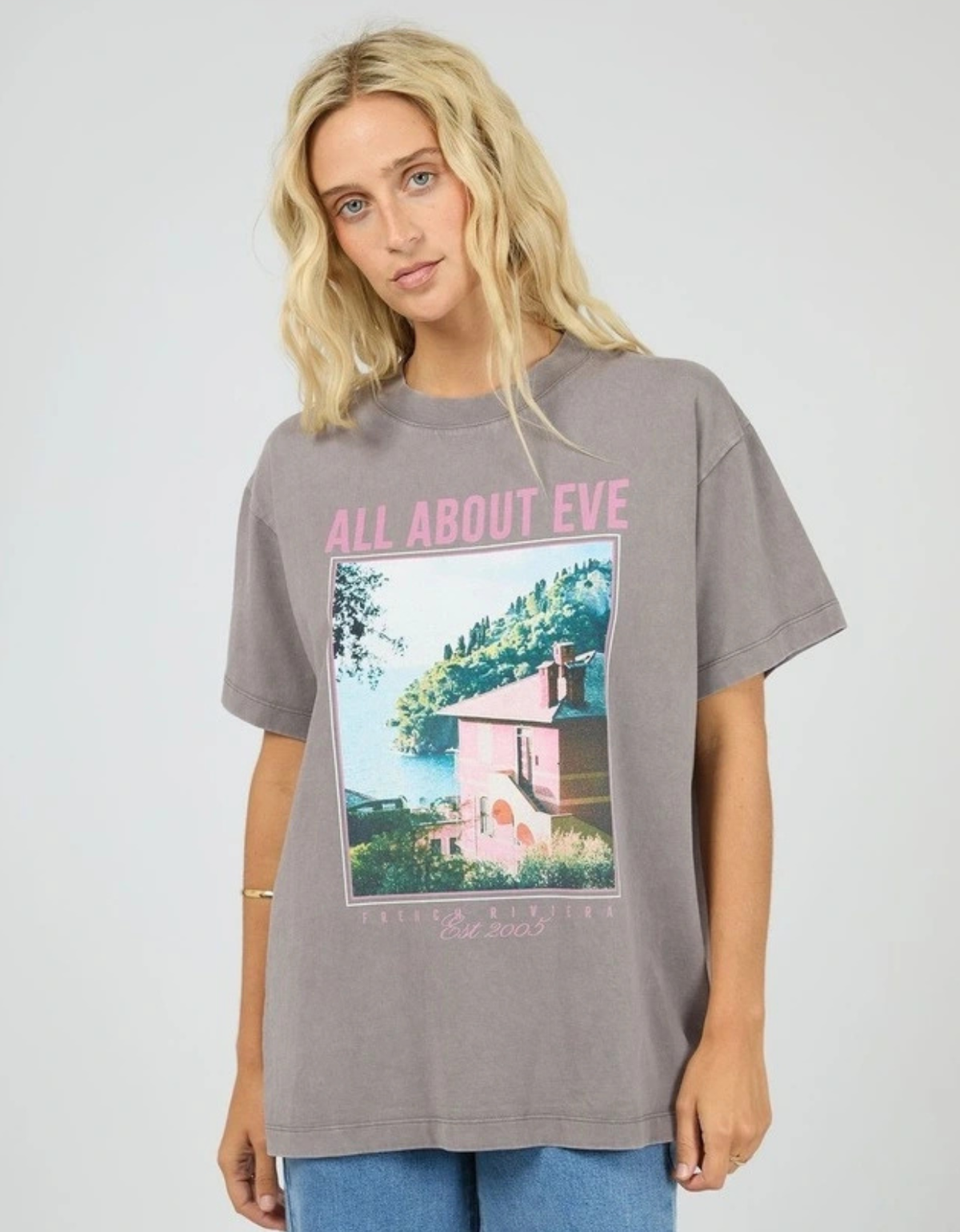 All About Eve Provence Relaxed Tee in Charcoal — front view on model
