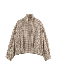 Smaibulun Sloane Gingham Bomber Jacket in Chocolate with a stand collar, balloon sleeves and front zip