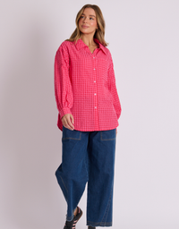 One Ten Willow Gathered Sleeve Shirt-Pink Check