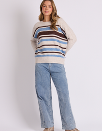 One Ten Willow V Neck Jumper-Blue Stripes