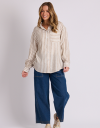 One Ten Willow Gathered Sleeve Shirt-Almond Stripe