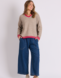 One Ten Willow V Neck Jumper-Latte Stripes