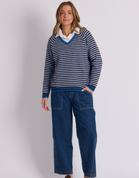 One Ten Willow Stripe Crew Neck Jumper-Blue Chocolate Stripe