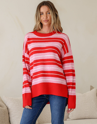 Bedford Stripe Knit-Red/Pink/White