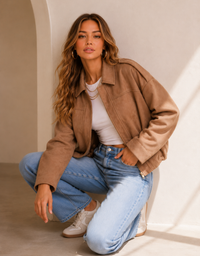 Smaibulun Suede Zip Gather Hem Bomber-Tan