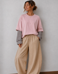 Peach & Parla Nomad Tee in pink, relaxed oversized cotton T-shirt with contrasting gingham-style long sleeves