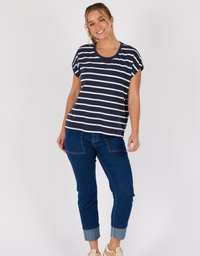 Shell Tee Round Neck-Navy/White Stripe