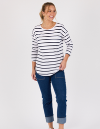 3/4 Sleeve Scoop Hem Tee-White Navy Stripe